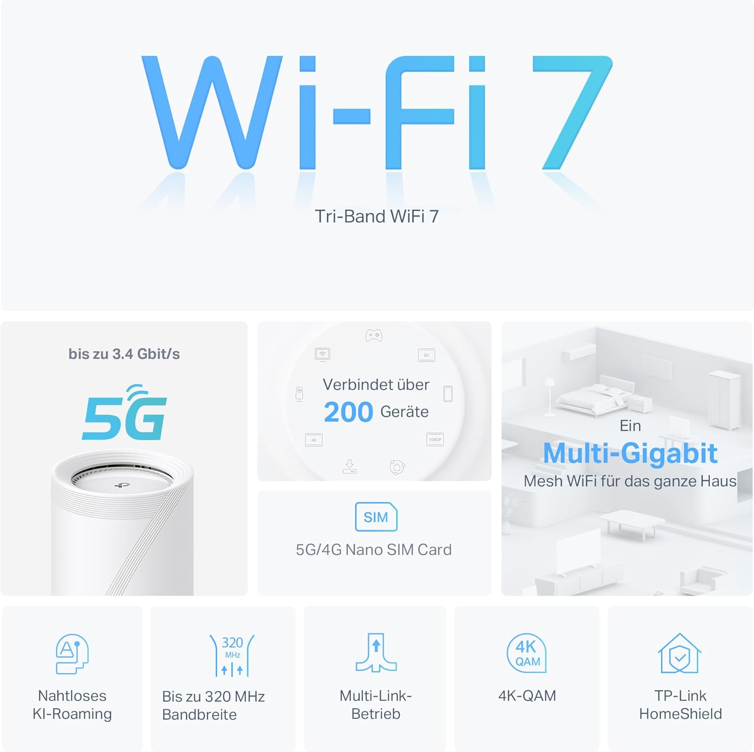 TP-Link Deco BE65-5G LTE WLAN Router: Tri-Band WiFi 7 Mesh, 5G SIM-Karte