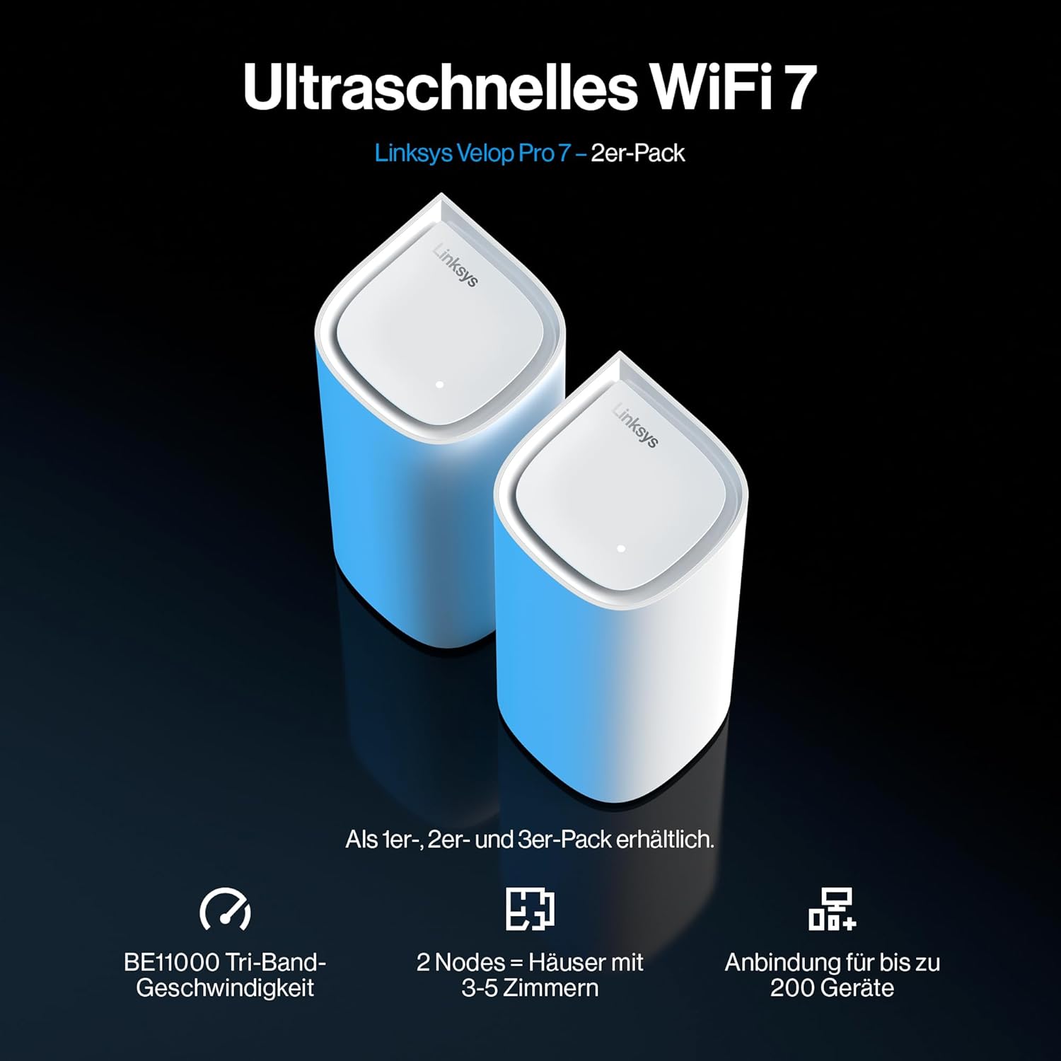 Linksys Velop Pro 7 WiFi 7 Mesh MBE7002 Tri-Band 10 Gbit/s Heimnetzwerk 2er-Pack