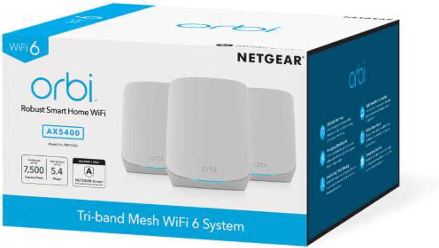 NETGEAR Orbi RBK763S WiFi 6 Mesh System AX5400 – Router mit 2 Satelliten für 525m² Abdeckung