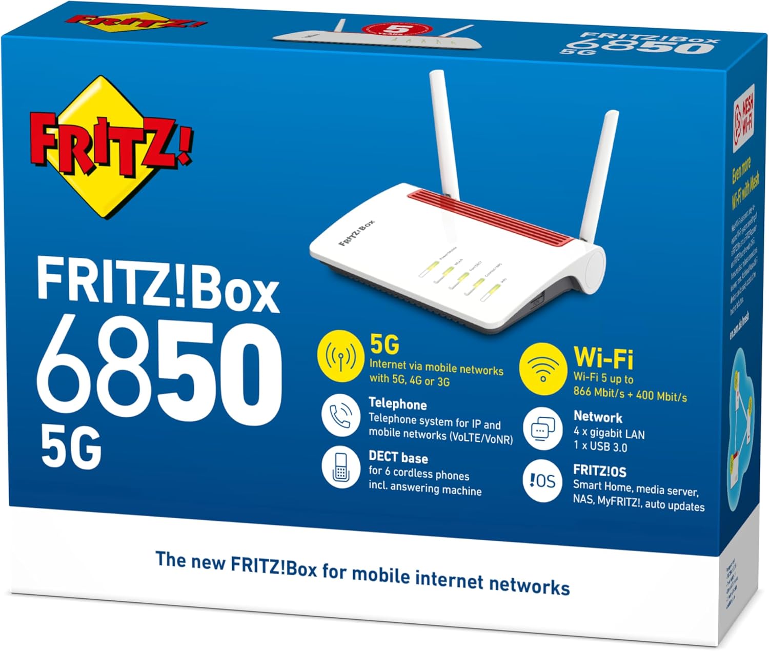 FRITZ!Box 6850 5G International: High-Speed Mobilfunk-Router mit WLAN, DECT & Gigabit-LAN