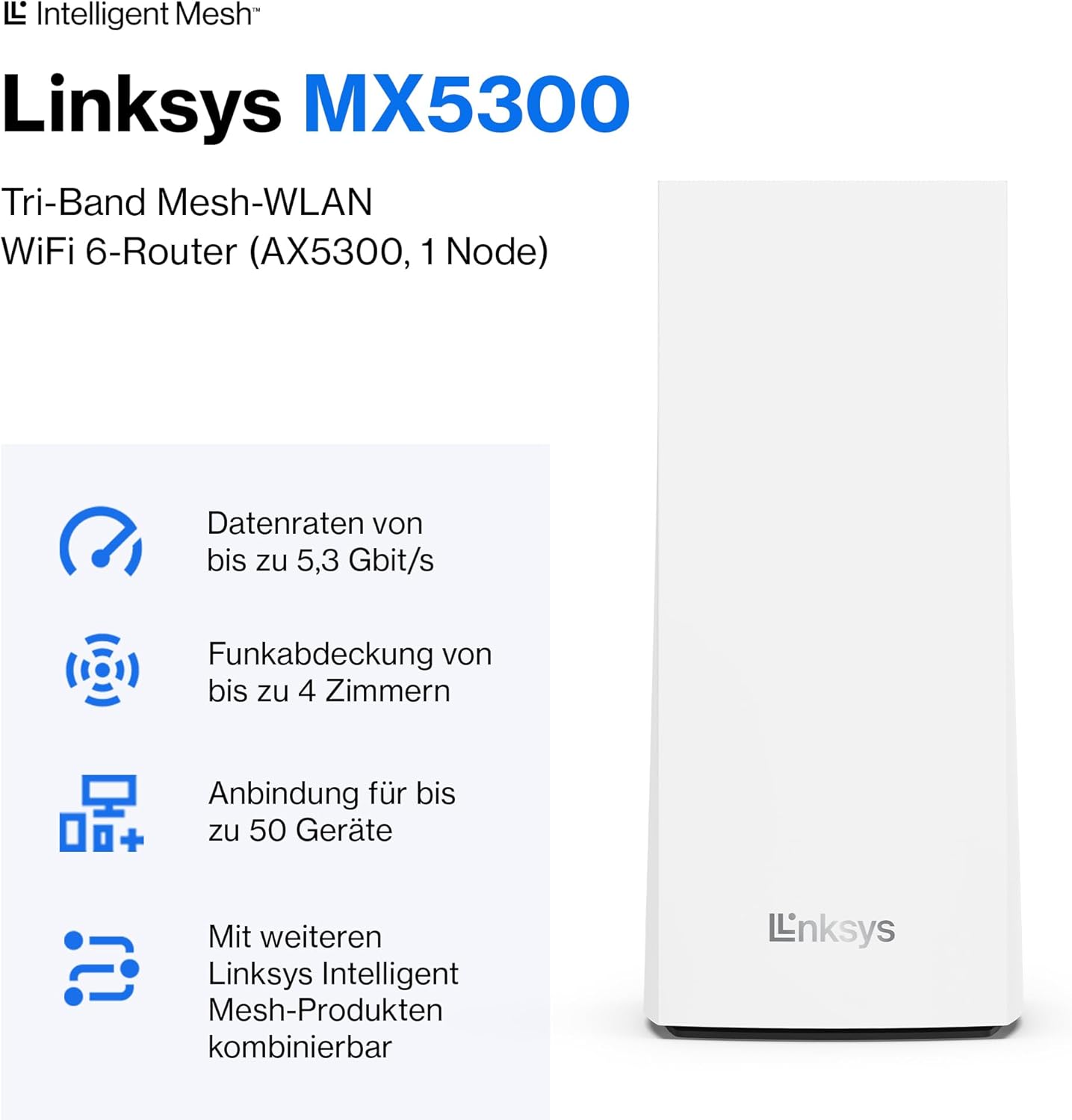 Linksys Velop MX5300 Tri-Band Mesh-WiFi 6 AX5300: WLAN für Zuhause, 260m² Abdeckung