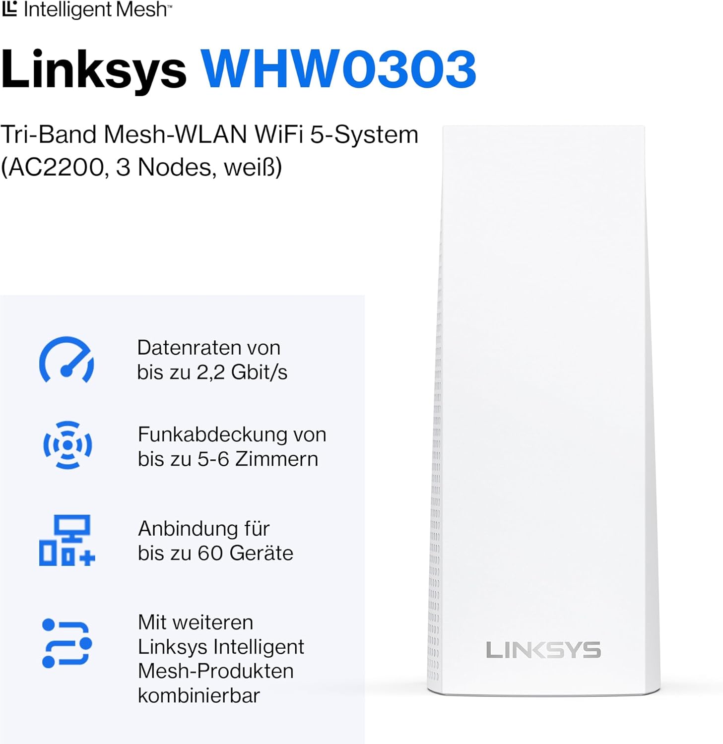 Linksys Velop AC6600 Tri-Band Mesh WLAN System 3er-Pack für 4+ Schlafzimmer